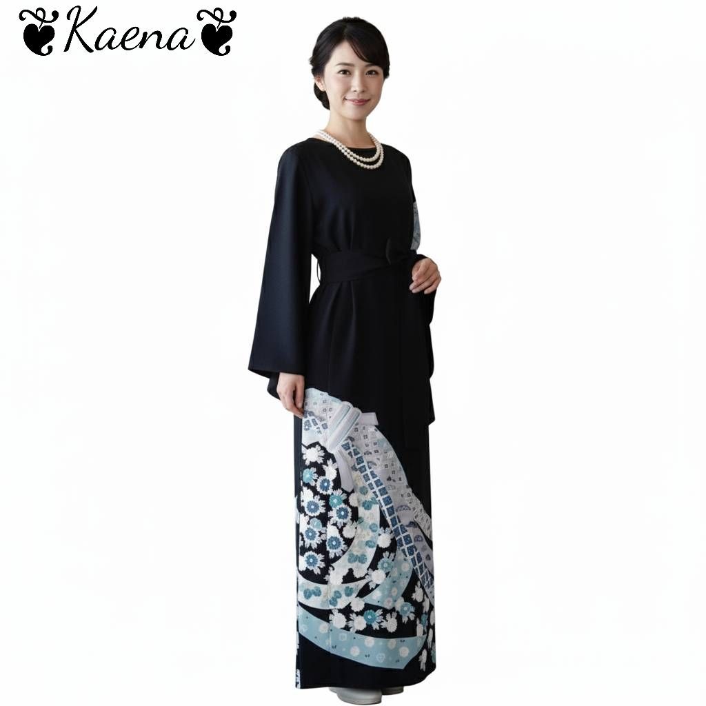 ❦Kaena❦ 着物リメイク ワンピース 袖スリット 作家物 ロング マキシ ドレス Aライン ウエストベルト紐付き 後ろ開きボタン 束ね熨斗草花文 金銀彩 刺繍 梅 菊