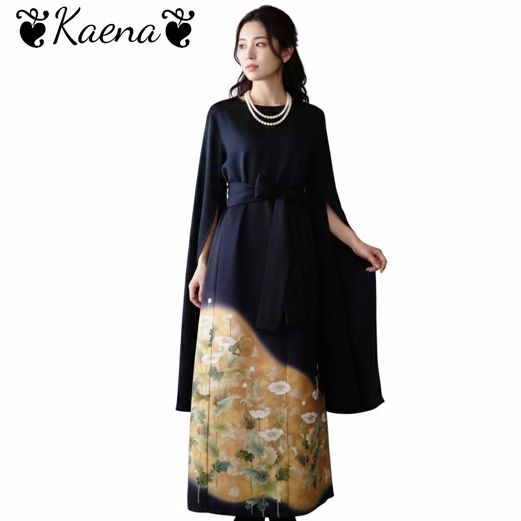 ❦Kaena❦ 着物リメイク ワンピース ロング袖スリット ロング マキシ