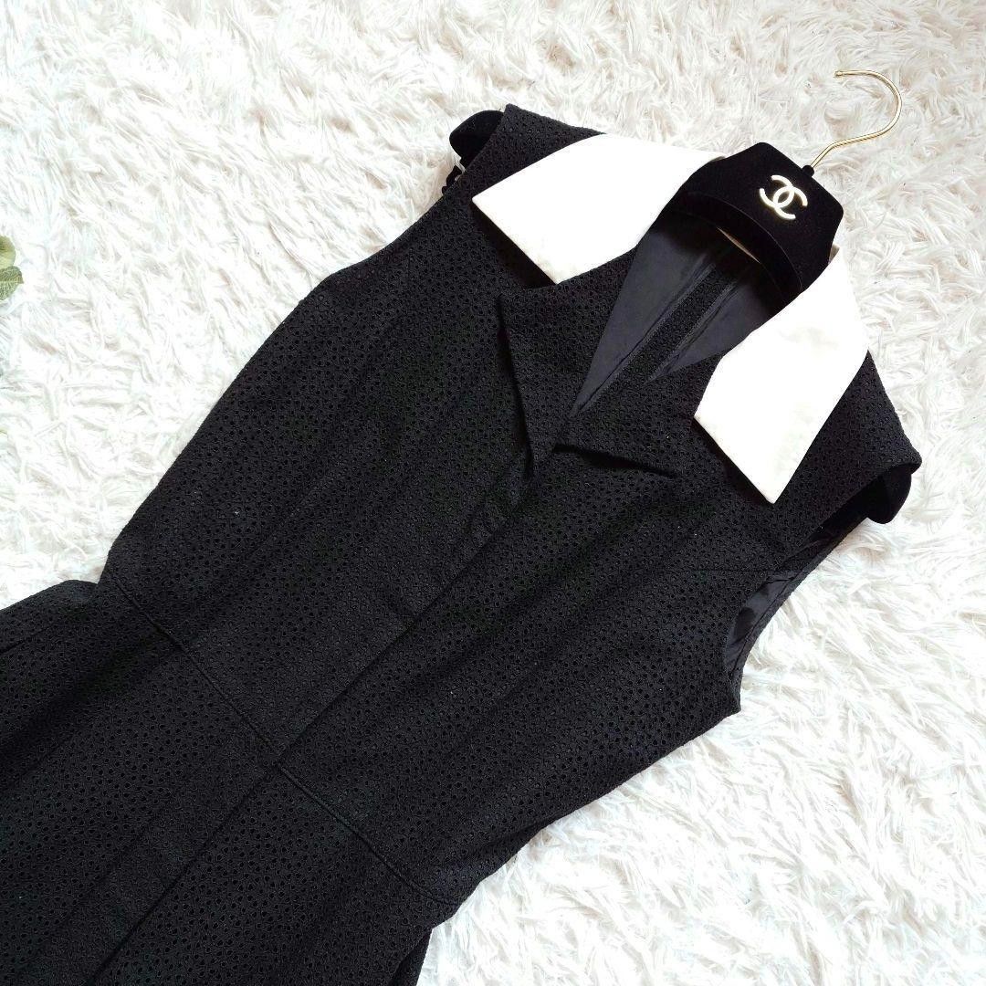 近年モデル FOXEY フォクシー モノクローム 襟付き カットワーク レース シャツ ロング フ ワンピース ブラック 黒