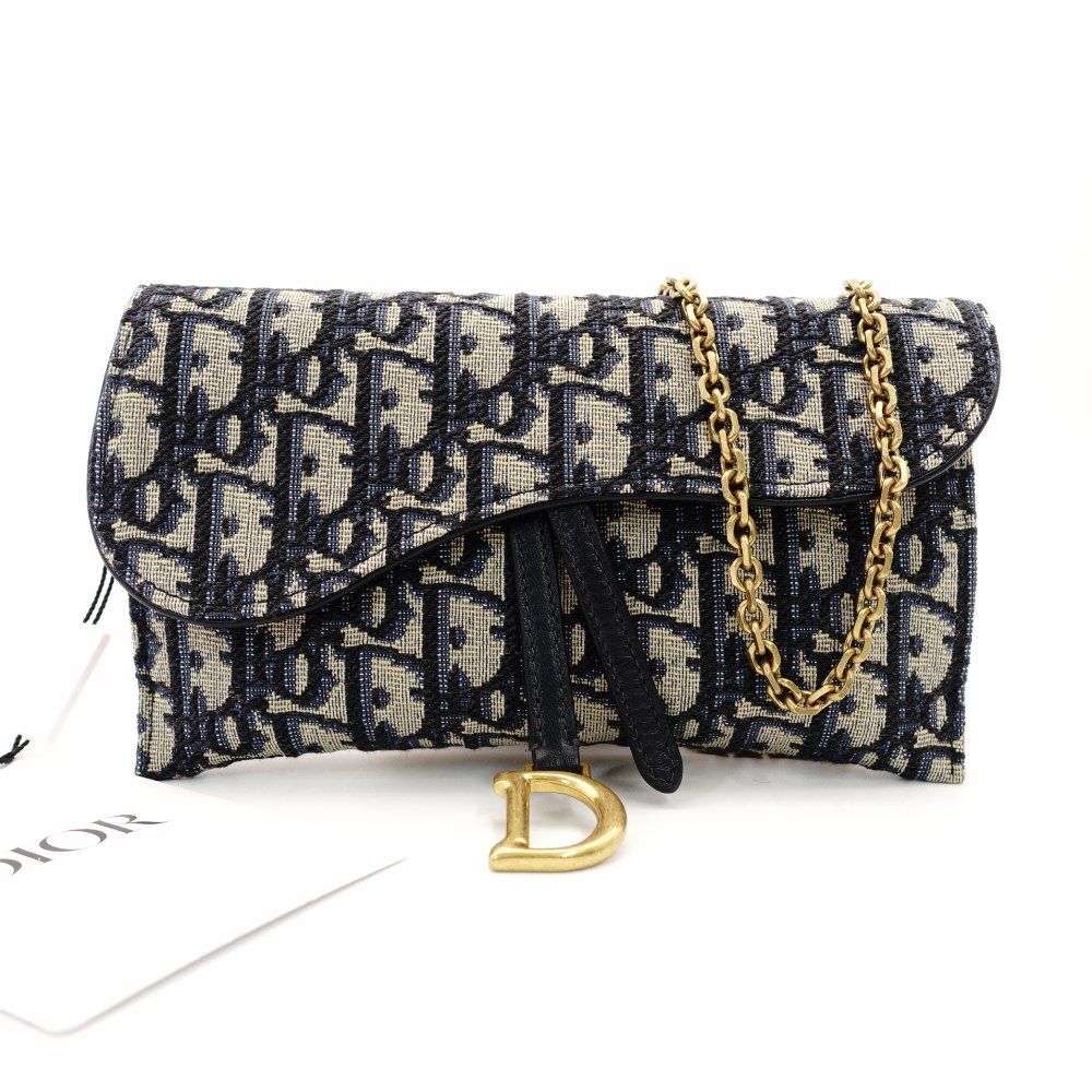 クリスチャン ディオール Christian Dior オブリーク ショルダーバッグ チェーンウォレット サドル ネイビー ベージュ キャンバス 7 10 1105
