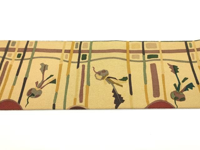 平和屋着物○全通柄九寸名古屋帯 型染め 成り物魚間道 金彩 鬼しぼ縮緬