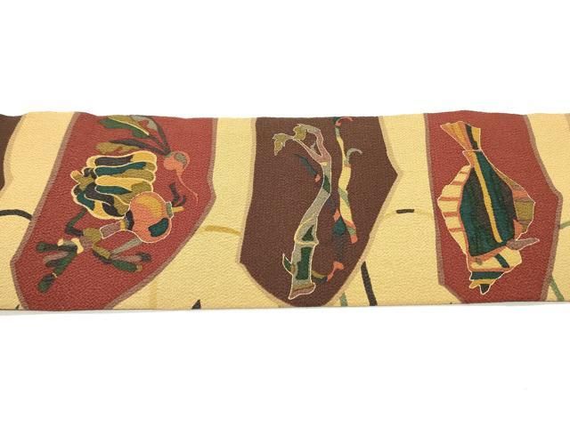 平和屋着物○全通柄九寸名古屋帯 型染め 成り物魚間道 金彩 鬼しぼ縮緬