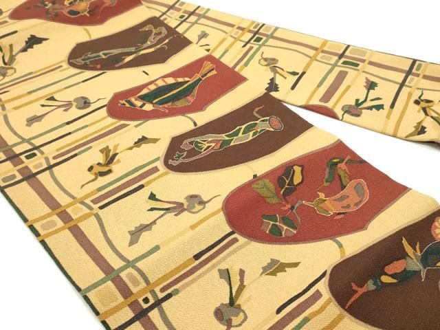 平和屋着物○全通柄九寸名古屋帯 型染め 成り物魚間道 金彩 鬼しぼ縮緬