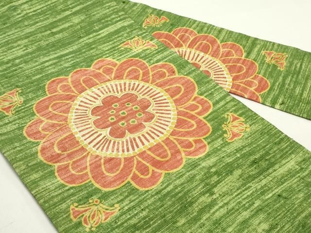 平和屋着物○九寸名古屋帯 紬地 型染め 舞花文 金彩 正絹 逸品