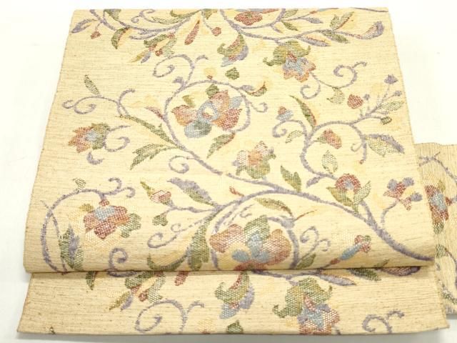 平和屋着物●八寸名古屋帯　紬地　更紗花唐草文　正絹　逸品　DAAY0422ob 平和屋着物○八寸名古屋帯 紬地 更紗花唐草文 正絹 逸品 DAAY0422ob