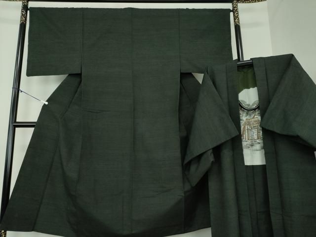 平和屋着物 男性 紬 アンサンブル 長羽織 深緑色 正絹 ps