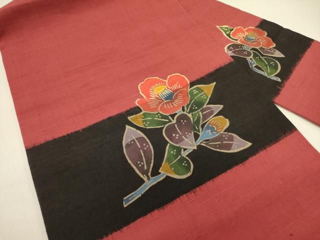 平和屋着物 九寸名古屋帯 紬地 型染 草花 正絹 op
