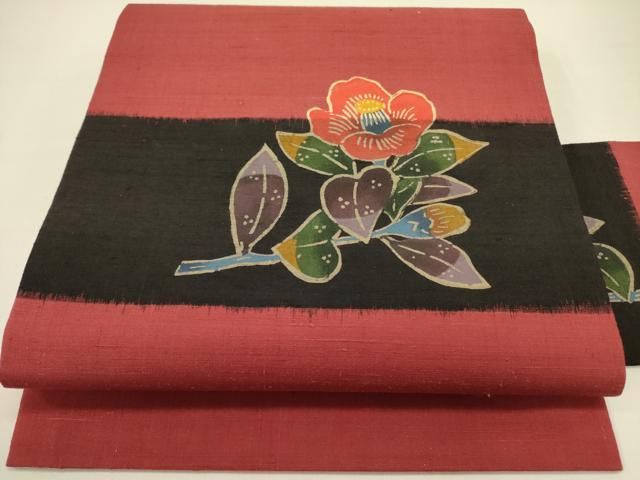 平和屋着物 九寸名古屋帯 紬地 型染 草花 正絹 op