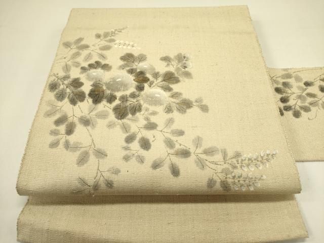 平和屋着物 八寸名古屋帯 手描き 紬地 草花 金彩 正絹 op