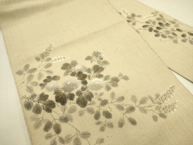 平和屋着物 八寸名古屋帯 手描き 紬地 草花 金彩 正絹 op