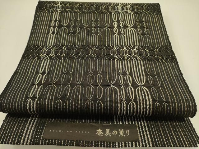 平和屋着物 八寸名古屋帯 もじり織 奄美の薫り 黒地 金糸 証紙付き 正絹 op