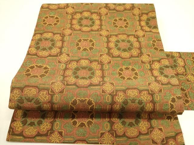 平和屋着物 全通柄九寸名古屋帯 紬地 型染 正倉院花文 正絹 op