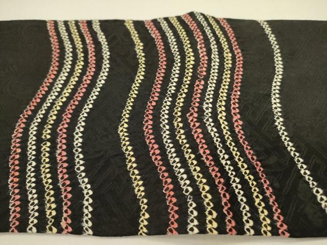 平和屋着物●九寸名古屋帯　絞り　よろけ縞　黒地　正絹　逸品　DAAZ2250op 平和屋着物○九寸名古屋帯 絞り よろけ縞 黒地 正絹 逸品 DAAZ2250op