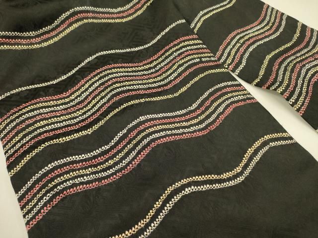 平和屋着物○九寸名古屋帯 絞り よろけ縞 黒地 正絹 逸品 DAAZ2250op