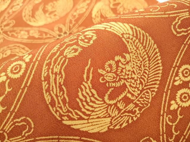 平和屋着物○九寸開き名古屋帯 型染め 鳳凰七宝花文 鬼しぼ縮緬 正絹