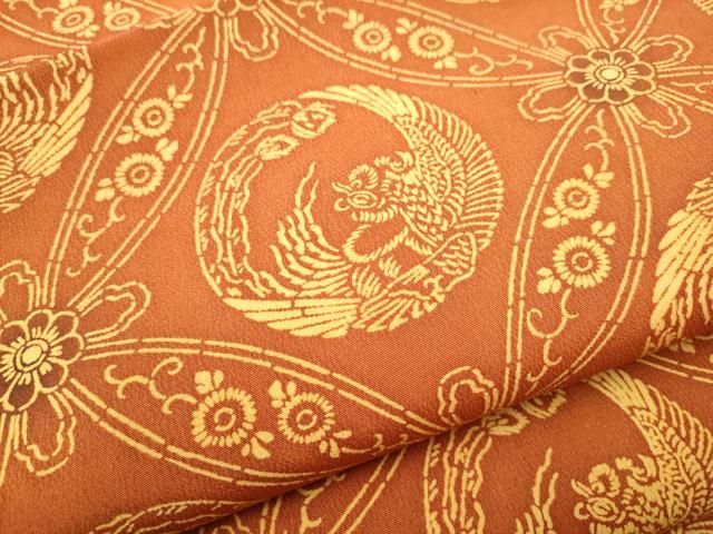 平和屋着物○九寸開き名古屋帯 型染め 鳳凰七宝花文 鬼しぼ縮緬 正絹