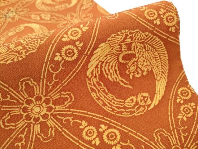 平和屋着物○九寸開き名古屋帯 型染め 鳳凰七宝花文 鬼しぼ縮緬 正絹