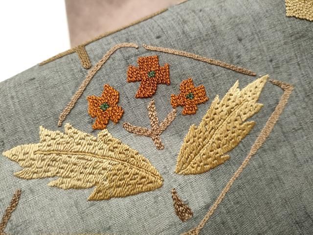 平和屋着物○中国三大刺繍 相良刺繍 総刺繍 九寸名古屋帯 紬地 菱草花