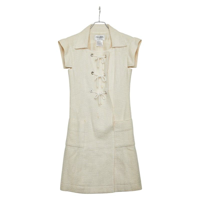 シャネル ツイード ワンピース サイズ 34 ホワイト コットン シルク リネン レディース CHANEL 1 0243845