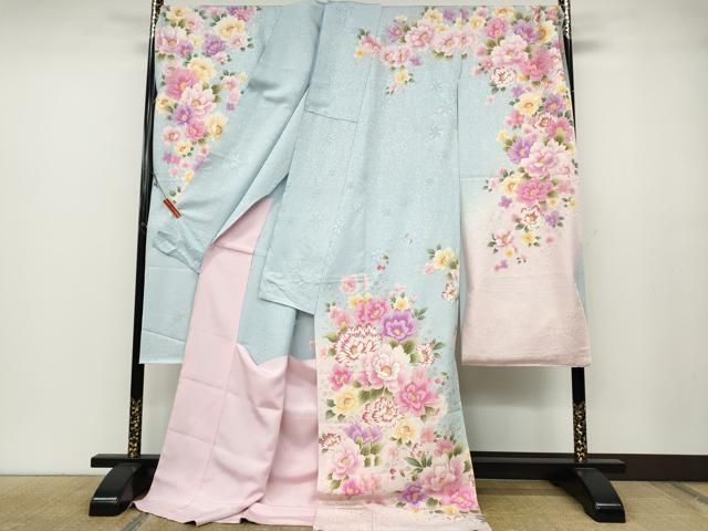 平和屋着物○豪華振袖 刺繍 舞花文 さくらんぼ 暈し染め 銀通し地 仮絵