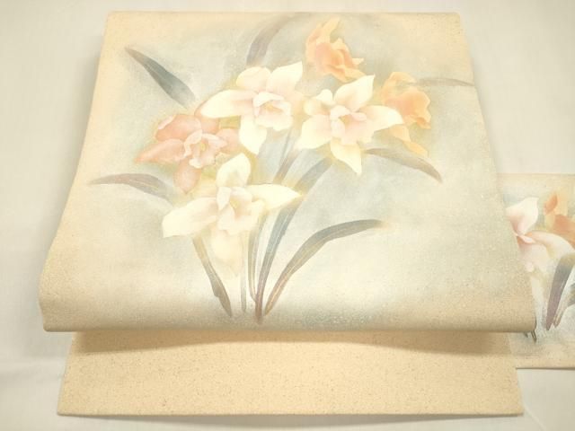 平和屋着物○九寸名古屋帯 作家物 草花文 金銀彩 正絹 逸品 DAAZ4443cm