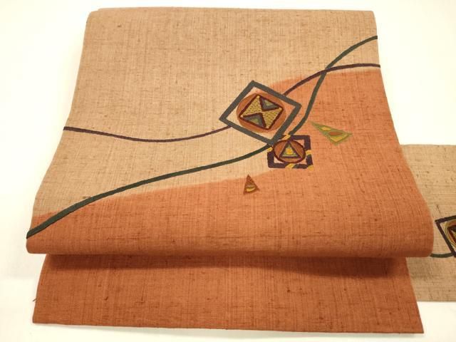 平和屋着物●九寸名古屋帯 紬地 総刺繍 抽象文様 正絹 逸品 DAAZ4500cm