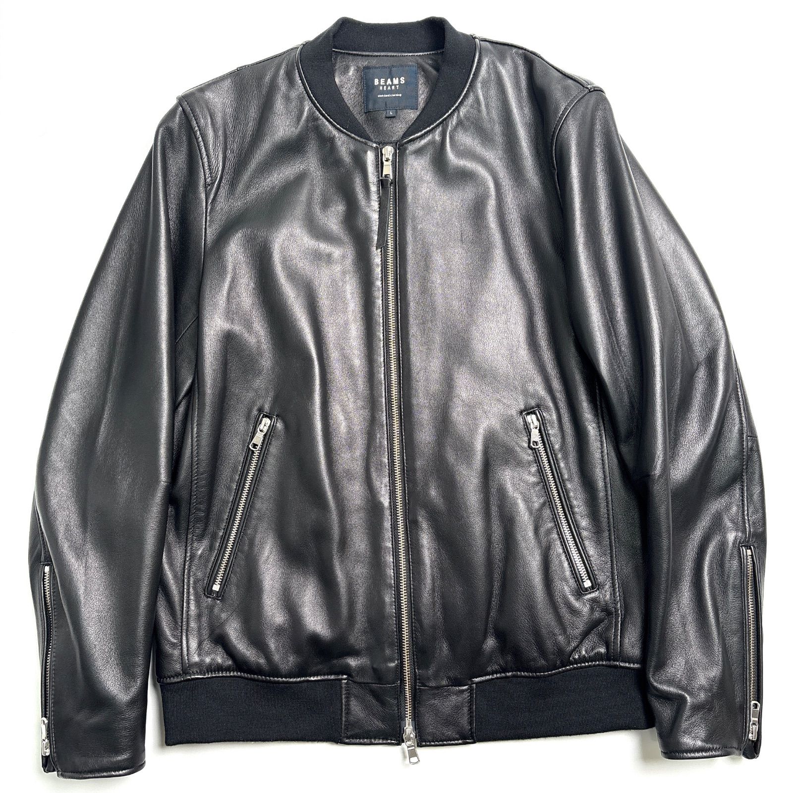 【羊革】BEAMS HEART レザージャケット 黒 L フライトジャケット MA-1 シープスキン 本革