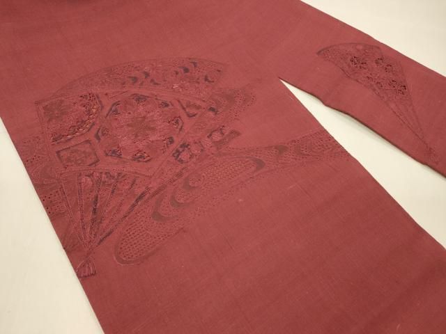 平和屋着物 中国三大刺繍 スワトウ刺繍 汕頭刺繍 総刺繍 九寸名古屋帯 紬地 流水扇面花文 濃紅色 正絹 cm