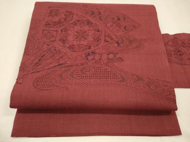 平和屋着物 中国三大刺繍 スワトウ刺繍 汕頭刺繍 総刺繍 九寸名古屋帯 紬地 流水扇面花文 濃紅色 正絹 cm