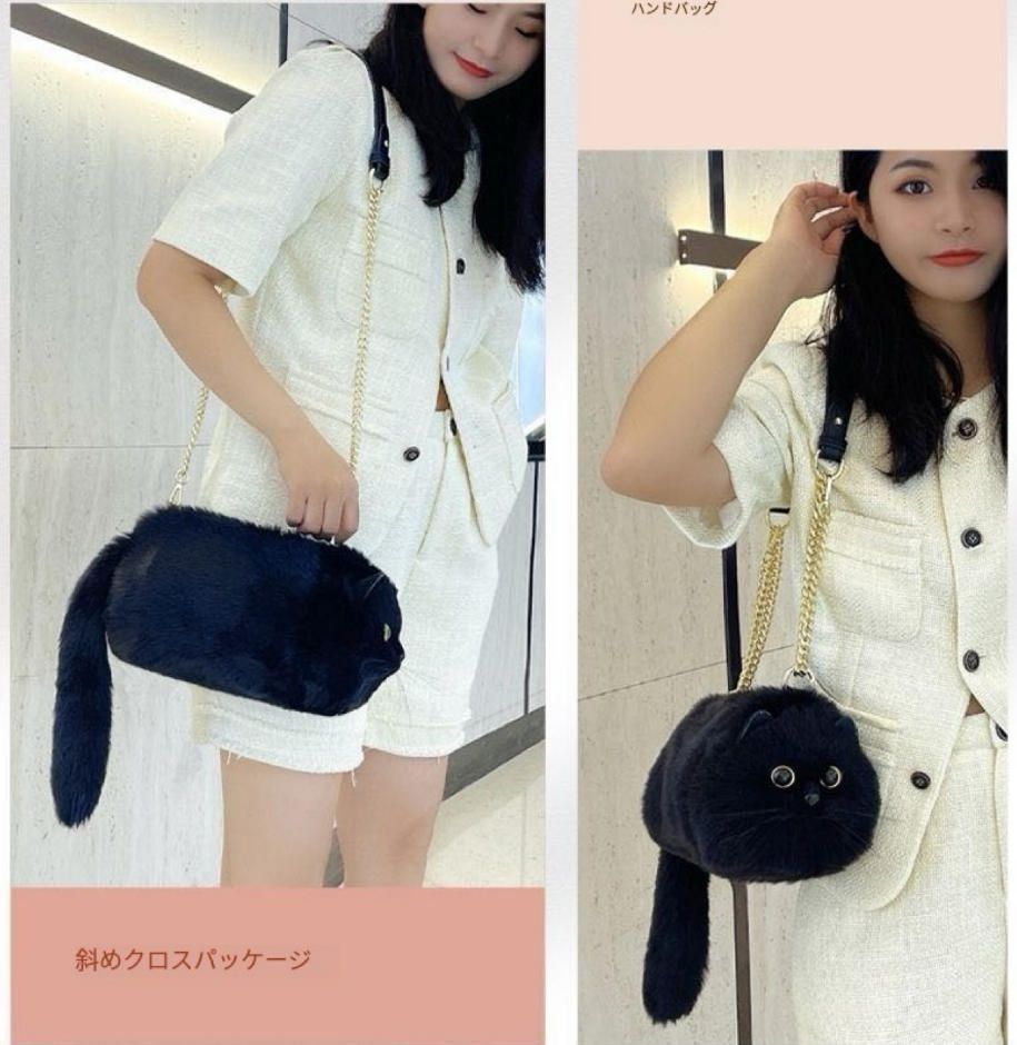 七夕プレゼント手作り疑似猫バッグ女性2025新型デザイン感片肩斜めショルダーバッグ公仔黒-大サイズ