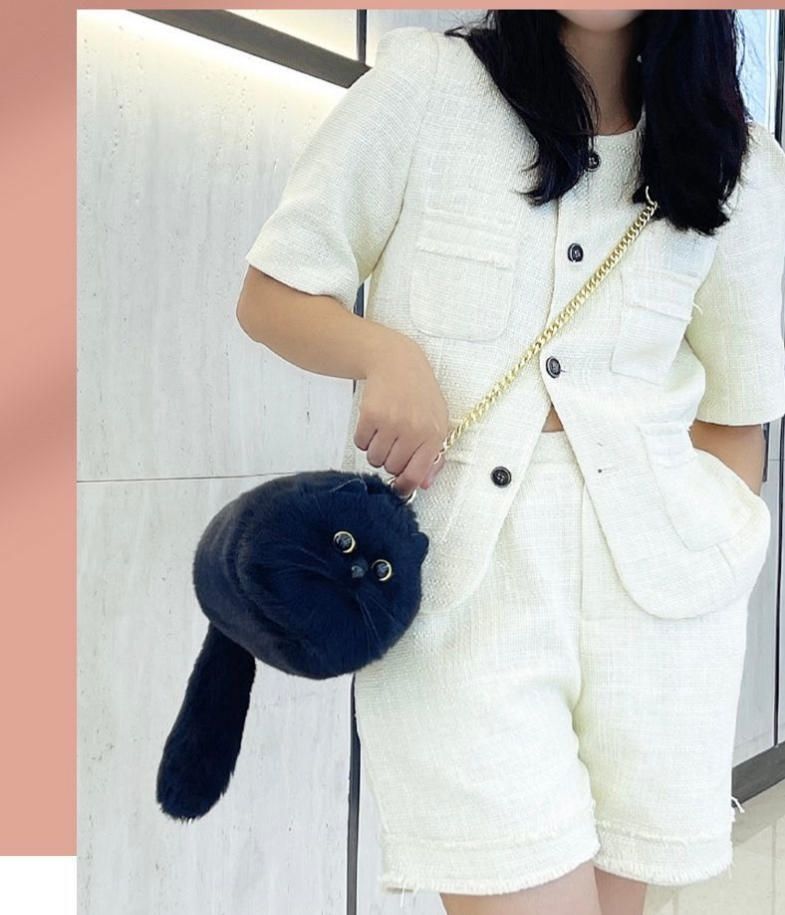 七夕プレゼント手作り疑似猫バッグ女性2025新型デザイン感片肩斜めショルダーバッグ公仔黒-大サイズ