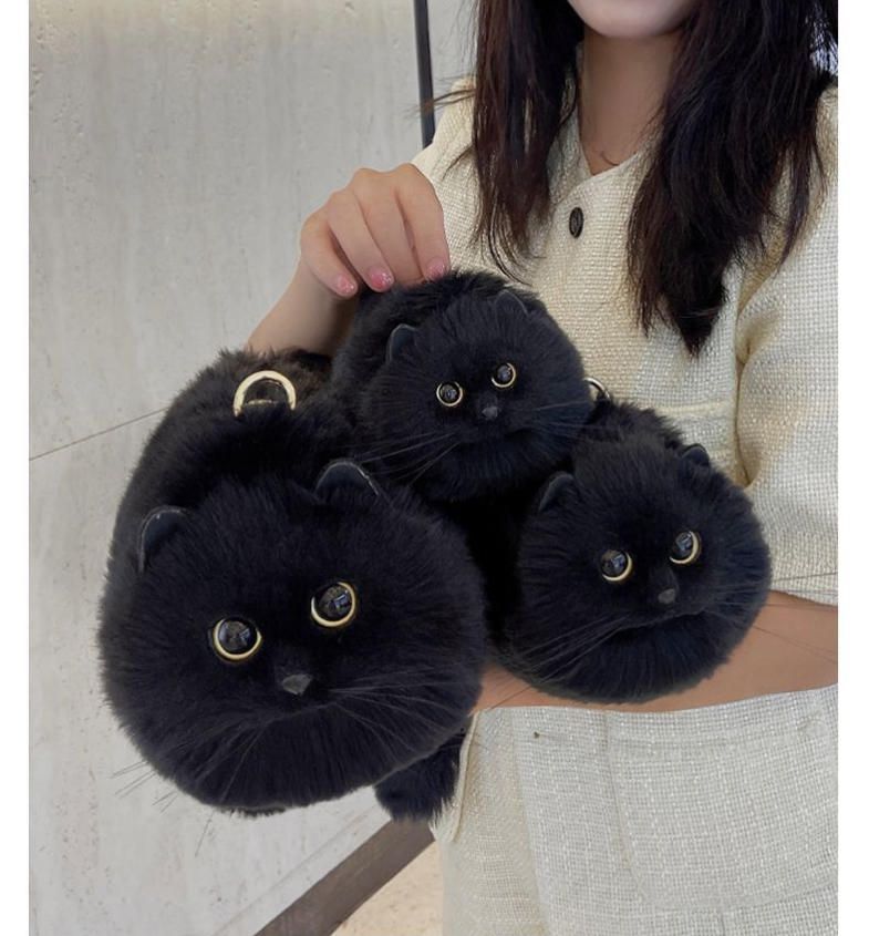 七夕プレゼント手作り疑似猫バッグ女性2025新型デザイン感片肩斜めショルダーバッグ公仔黒-大サイズ