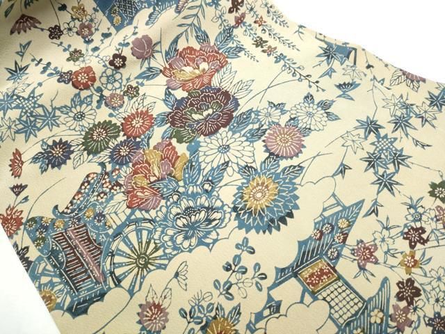 平和屋着物 全通柄 九寸名古屋帯 古代伝統工芸玉藍染 御所車花文 正絹 hy