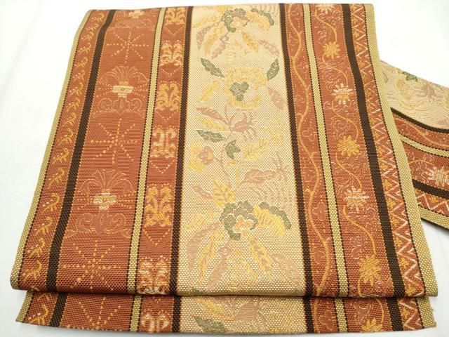 平和屋着物●本場筑前博多織 八寸名古屋帯 花唐草間道 正絹 逸品 CABA4973hy