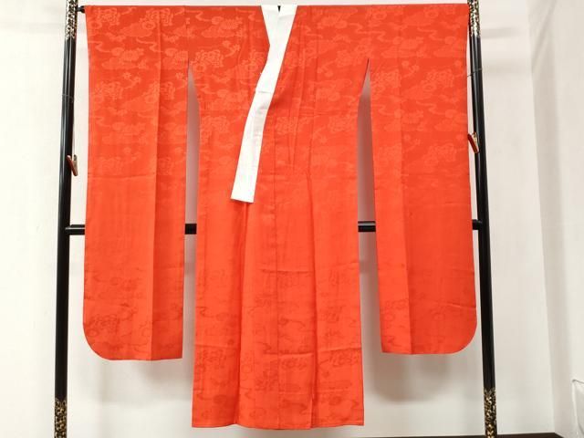 平和屋着物●振袖用長襦袢　無双仕立て　雲取り舞花地紋　紅緋色　正絹　逸品　CAAZ3654yc 平和屋着物○振袖用長襦袢 無双仕立て 雲取り舞花地紋 紅緋色 正絹