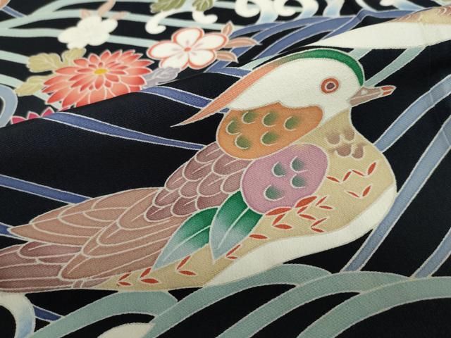 平和屋着物○豪華振袖 型染め 流水群れ鳥草花文 暈し染め 正絹 逸品