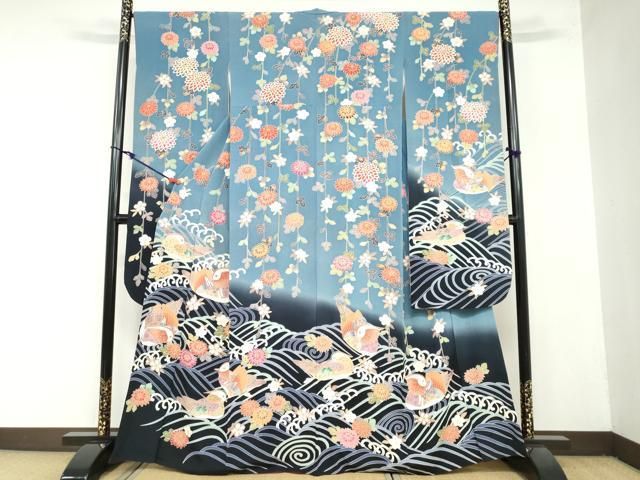 平和屋着物○豪華振袖 型染め 流水群れ鳥草花文 暈し染め