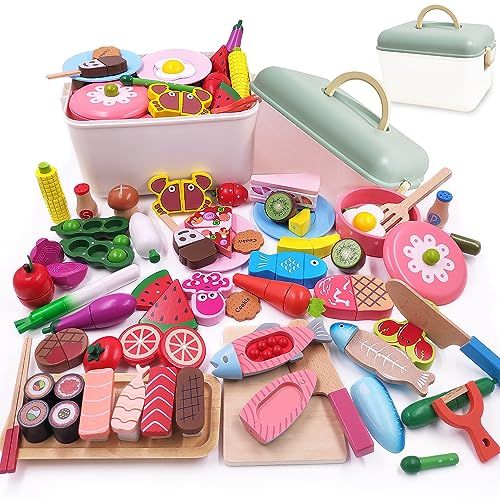Jecimco おままごと キッチン セット 木製 子供 知育玩具 DIY 寿司 海鮮 野菜 果物 切る遊び 食材 食器 親子遊び おもちゃ プレゼント 男の子 女の子 ままごと ごっこ遊び