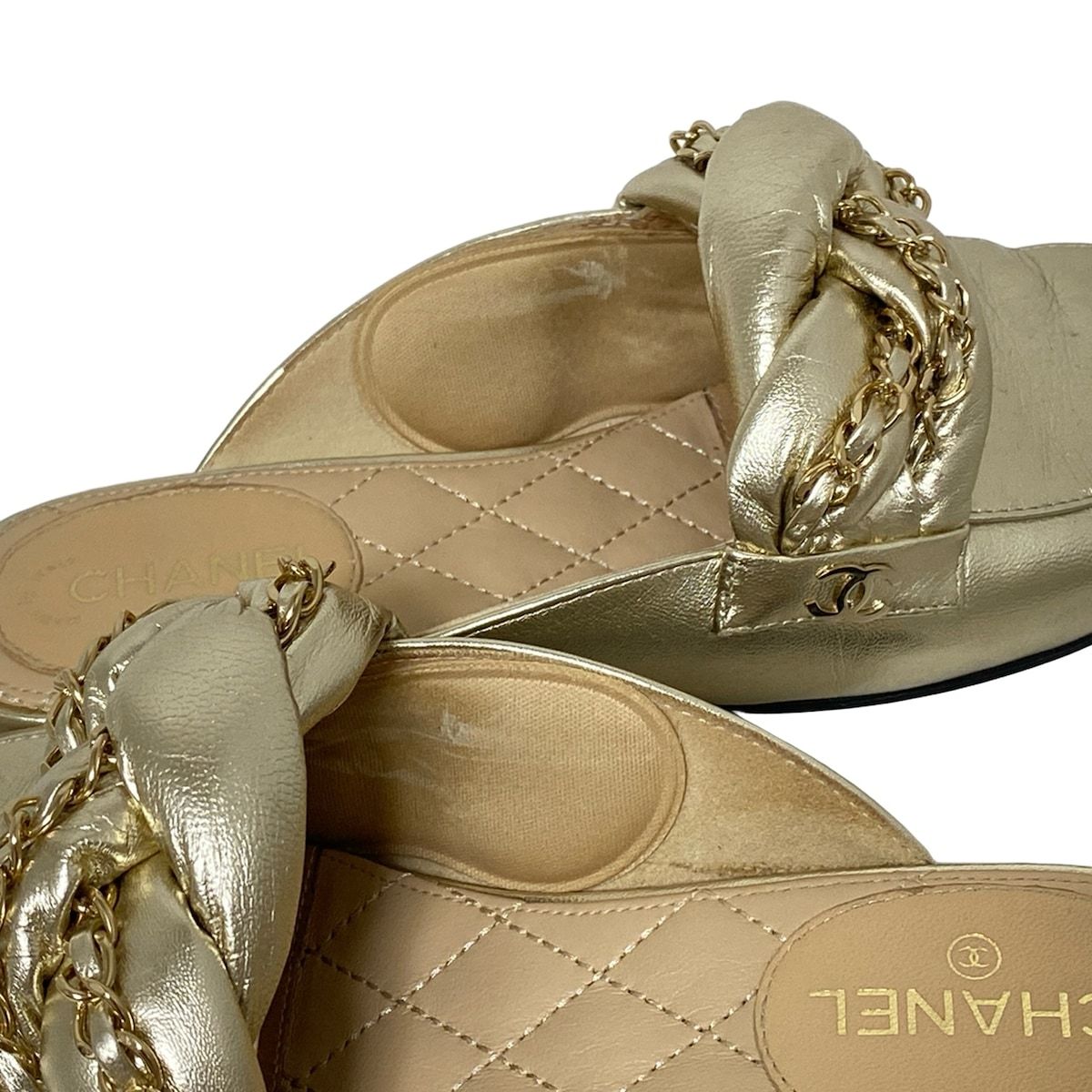  CHANEL シャネル ミュール 34 1 2 C レディース - G 32956 ゴールド ココマーク アウトソール張替済 レザー ミュール サンダル ミュール