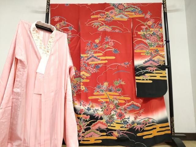 平和屋着物○豪華振袖・長襦袢セット（無双仕立て） 型染め 雲霞草花文 