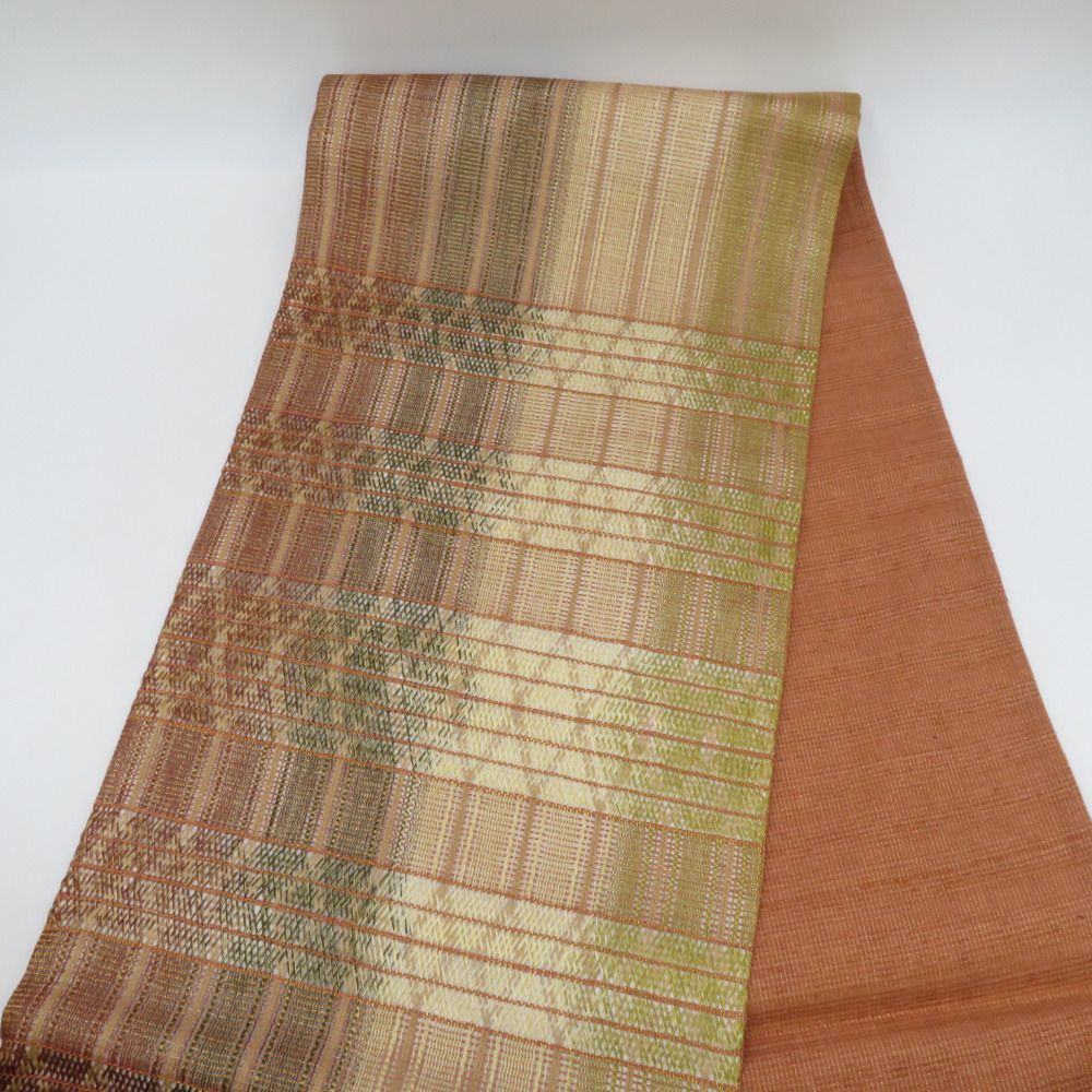 袋帯 洒落袋帯 組織 幾何学模様 金糸 茶色系 深緑色ｘ薄茶色 六通柄 正絹 仕立て上がり 着物帯 長さ448 cm