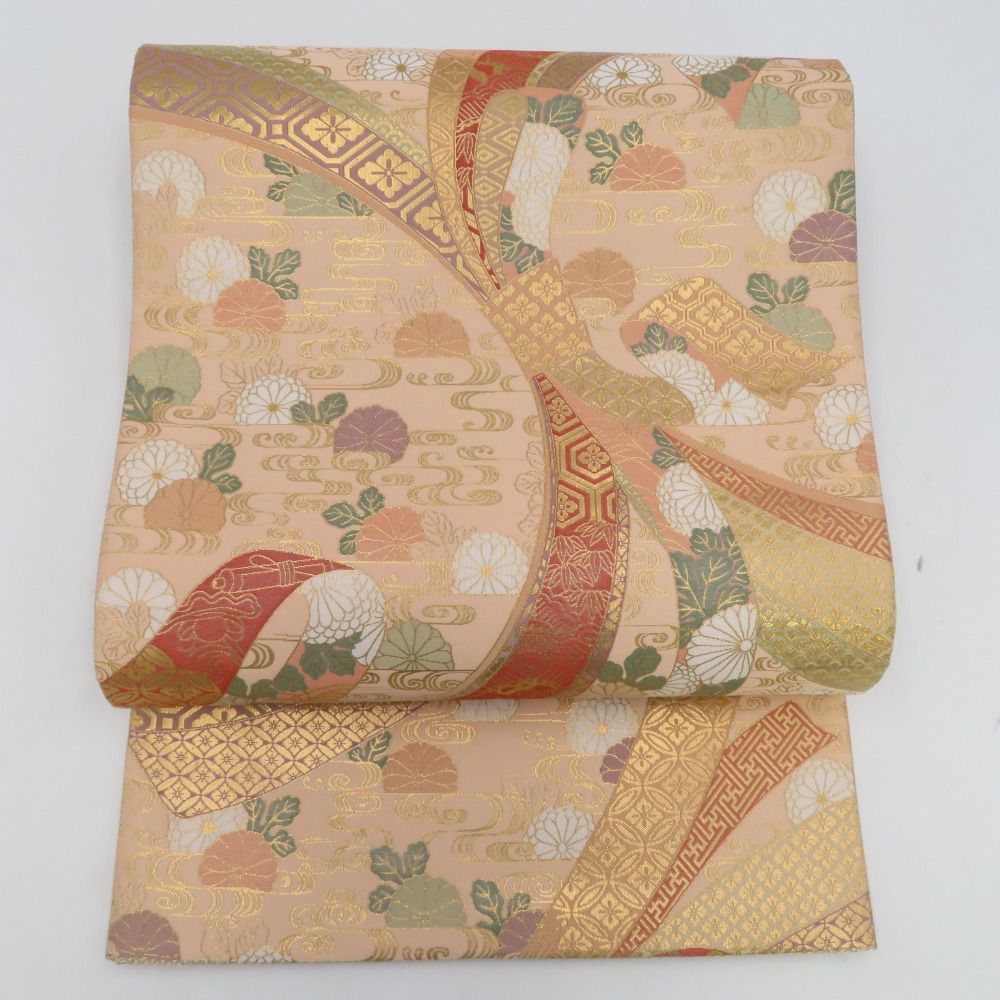 袋帯 高級 変わり織 すくい織 金糸 金ベージュ 流水 絹 新古品 kp1722 袋帯 純金箔24K 流水に熨斗と菊紋様 金糸 ベージュピンクx緑色x多色