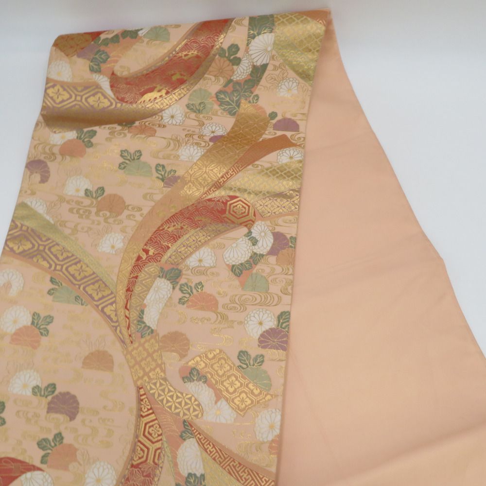 袋帯 純金箔24K 流水に熨斗と菊紋様 金糸 ベージュピンクx緑色x多色