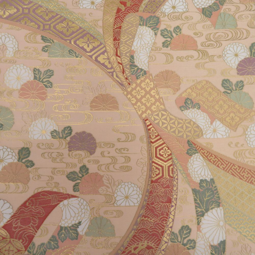 袋帯 純金箔24K 流水に熨斗と菊紋様 金糸 ベージュピンクx緑色x多色