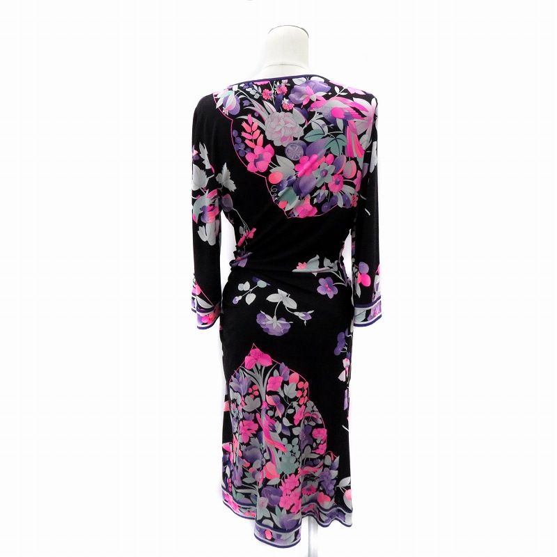  レオナール LEONARD 最 ライン ワンピース ロング丈 七分袖 カシュクール シルク 花柄 40 L ピンク 黒 ブラック NM 5 IBO 83 長袖 七分袖 その他