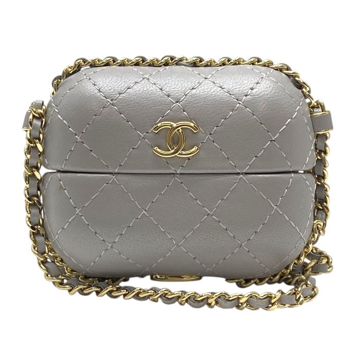 シャネル airpods ケース エアポッズ マトラッセ チェーン チャーム ラムスキン ココマーク グレー ゴールド AP 2207 CHANEL レディース 上品 感 かわいい