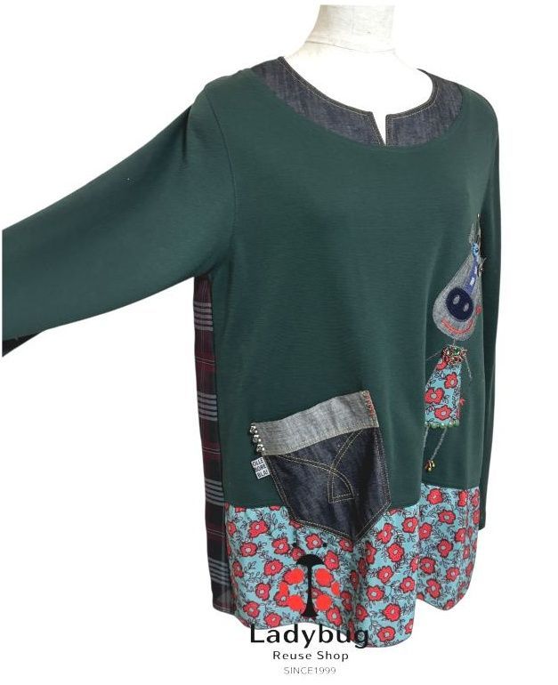 アルベロベロ 長袖カットソー Aライン ロバワッペン スウェット デニム シフォン 切り替え モスグリーン チェック ブラック レディース ブランド 個性派 おしゃれ 秋冬 上品 カジュアル