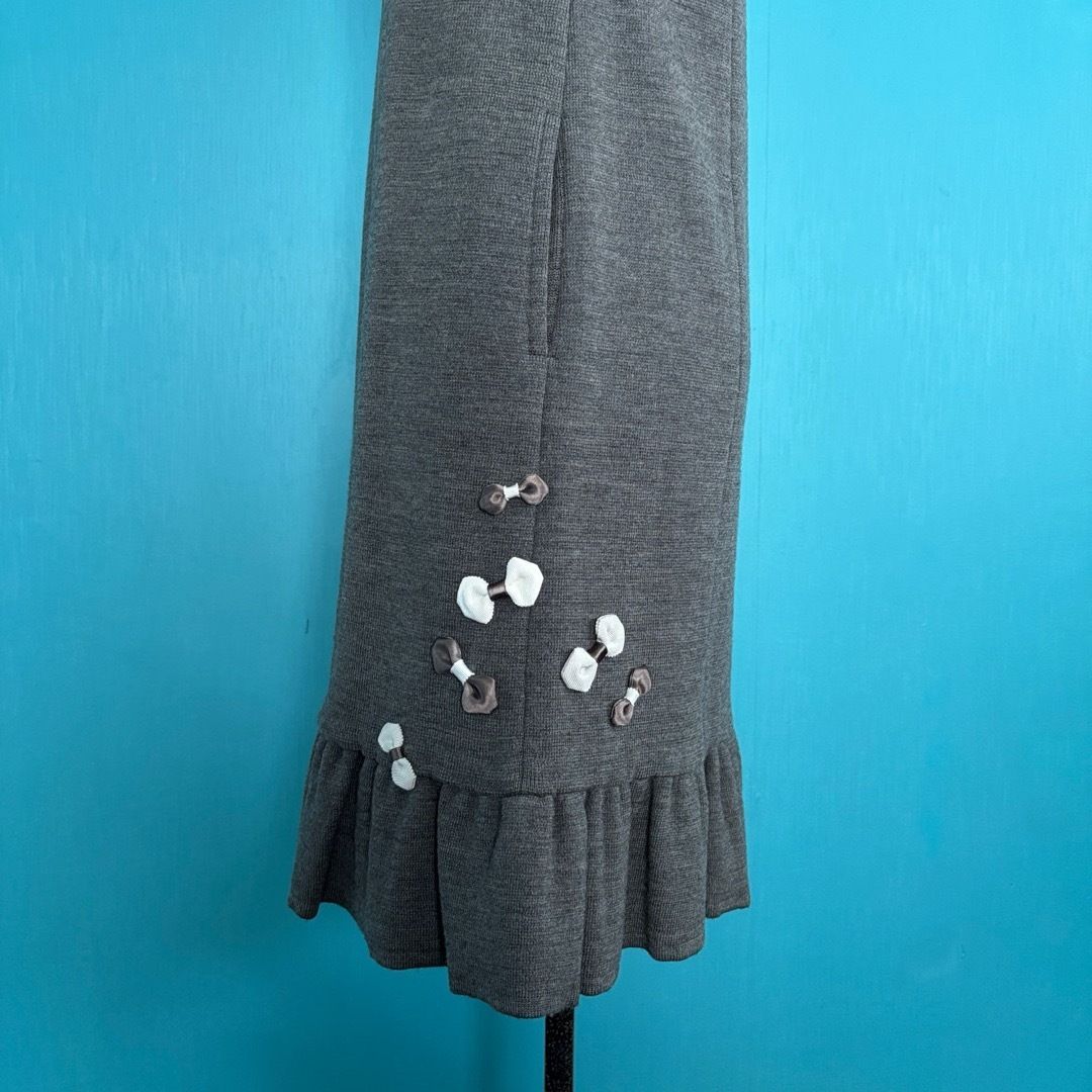 1362 René ルネ ウールニットワンピース リボン装飾 裾フリルグレー36