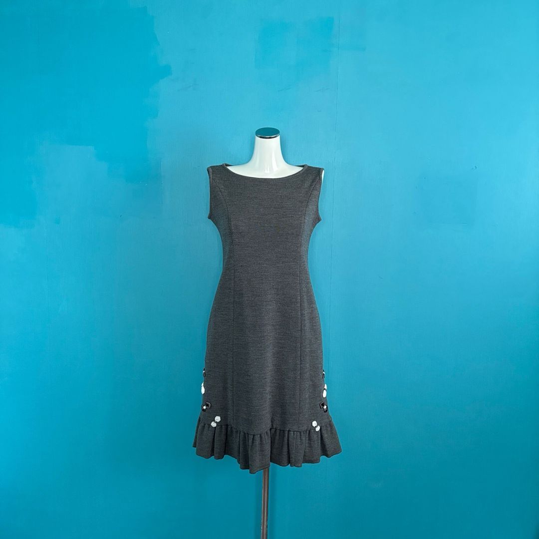 1362 René ルネ ウールニットワンピース リボン装飾 裾フリルグレー36