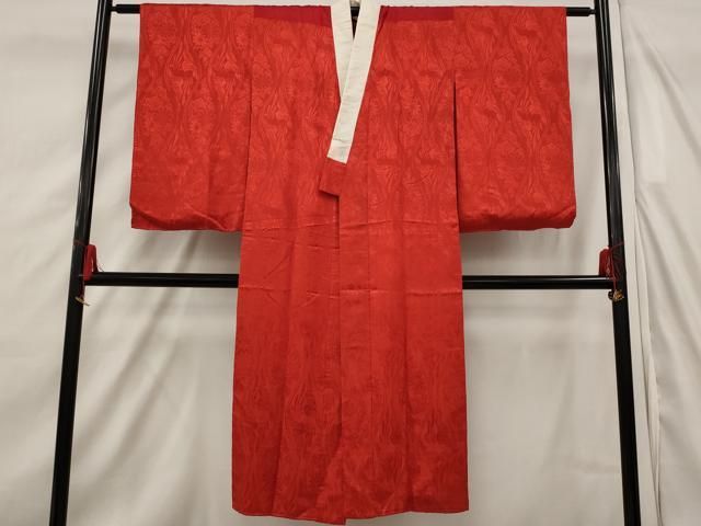 平和屋着物□アンティーク 大正ロマン 長襦袢 袷 立涌花鳥地紋 深緋色